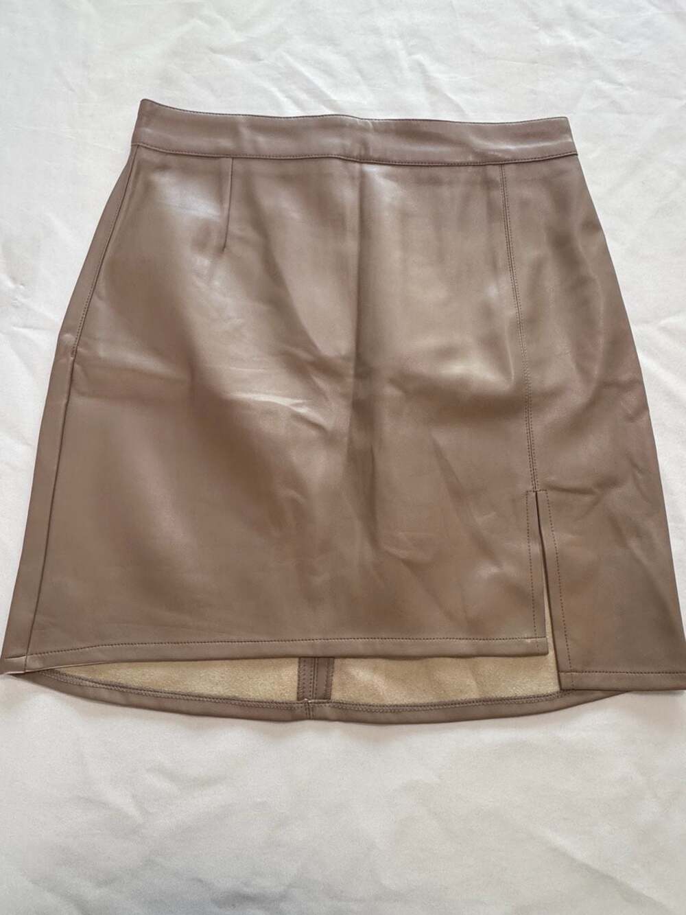 Taupe Faux Leather Mini Skirt Side Slit Neutral Minimalist Chic